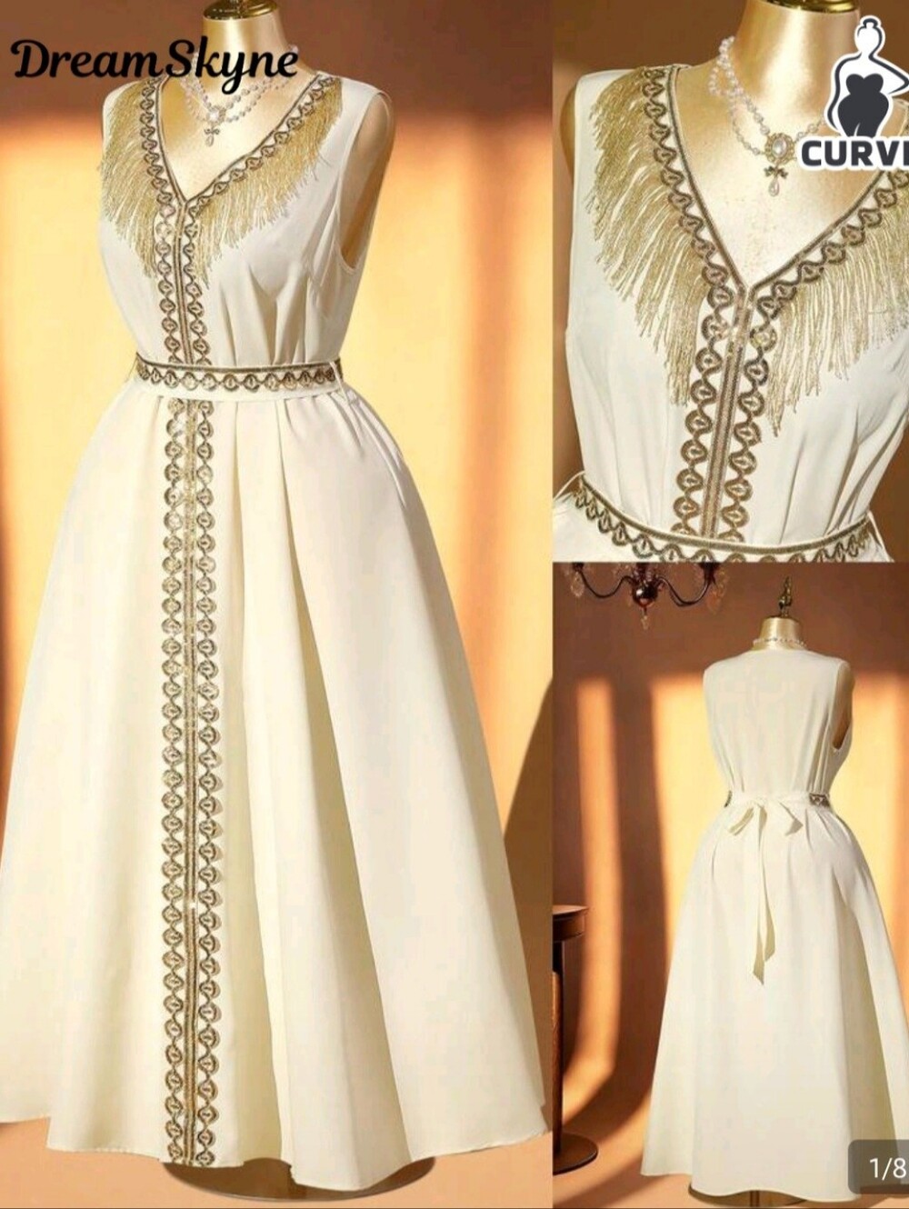 SHEIN Cream Midi Dress with Gold Fringe Embroidery